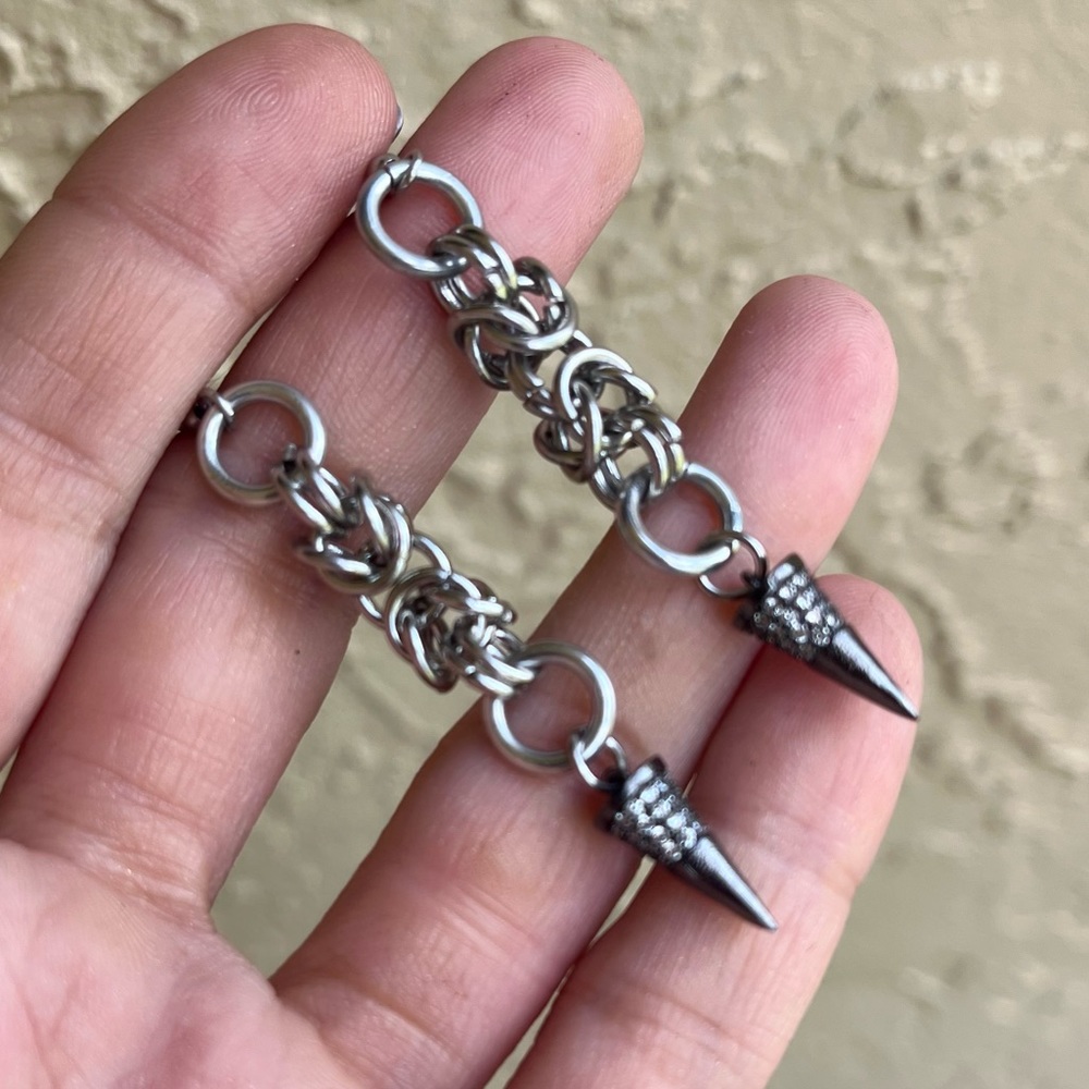 Handmade maille cz black spike dangly stainless steel earrings boho goth silver - Picture 8 of 11